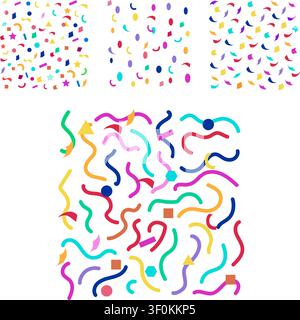 Vibrant abstract party background with scattered geometric confetti, colorful streamers and wavy ribbons on a clean white canvas, conveying fun, celeb Stock Vector
