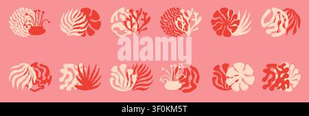 Minimal organic shape botanical symbols arranged in neat rows with colorful abstract forms. Modern decorative icon set is ideal for posters packaging Stock Vector