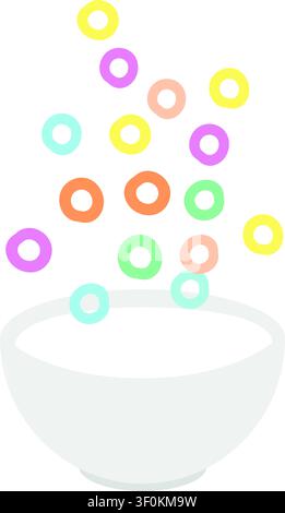 Colorful Falling Cereal Loops in White Milk Bowl Vector Breakfast Illustration Stock Vector
