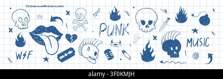 Mad punk doodle collection. Chalk skull designs. Guitar chain collage. Pen fire, heart, eyes and stars on notebook sheet. Vector illustration on Stock Vector