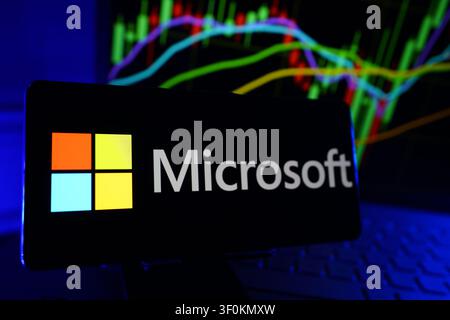 Microsoft Technology Software and Cloud Computing Company Logo on Smartphone Display with Stock Market Performance Chart Stock Photo