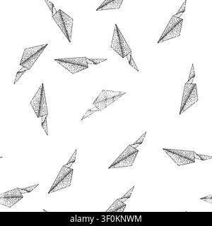 seamless pattern wings paper plane hand drawn. glide throw, model craft, aerodynamics competition wings paper plane black sketch illustration Stock Vector
