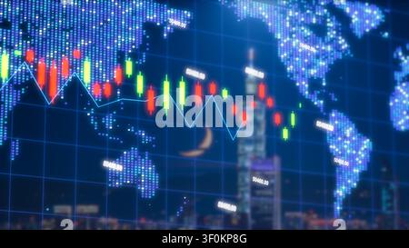 A digital financial chart showing the Taipei stock market index at 50460 points, overlaid on a glowing world map and the Taipei city night skyline. Stock Photo