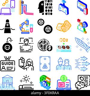 Set of various icons for modern concepts like digital data, online connection, artificial intelligence, time management, video marketing, and environm Stock Vector