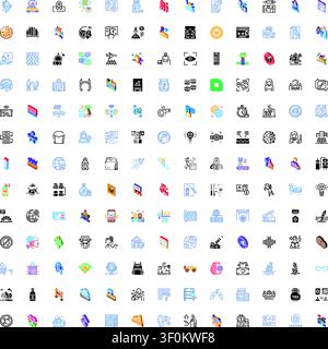 Set of numerous flat, outline, and isometric style icons representing various concepts including business, technology, communication, global networkin Stock Vector