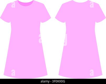 Flat vector illustration of a pink t-shirt dress mockup with front and back views. Stock Vector