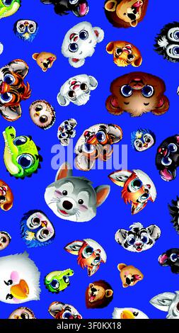 Vector illustration of various smiling wildlife characters arranged in a repeating seamless pattern. Stock Vector