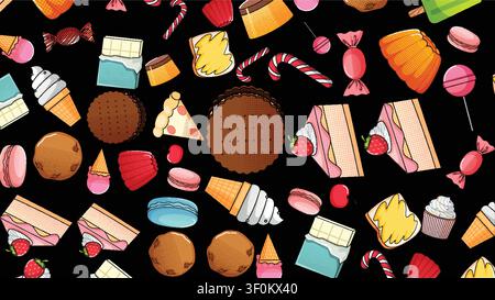 Vibrant vector illustration of assorted candies, cakes, and ice cream on black background. Stock Vector