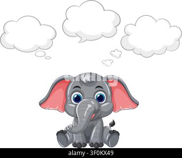 Cute grey elephant sitting under three empty speech bubbles on a white background. Stock Vector