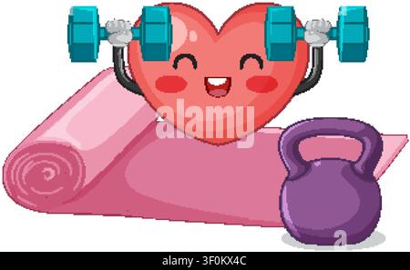 Happy heart character exercises with dumbbells, yoga mat, and kettlebell in a flat vector style Stock Vector