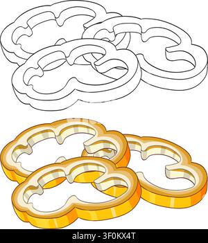 Isometric vector illustration of sliced yellow bell peppers with a black and white outline version. Stock Vector
