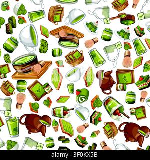 Hand-drawn vector illustration of matcha tea, cakes, and traditional tools in a seamless pattern. Stock Vector