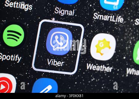 PLANO, TX, USA - JULY 06, 2026: Close-up view of a smartphone screen displaying various application icons, including Viber, Spotify, and WhatsApp. Vib Stock Photo