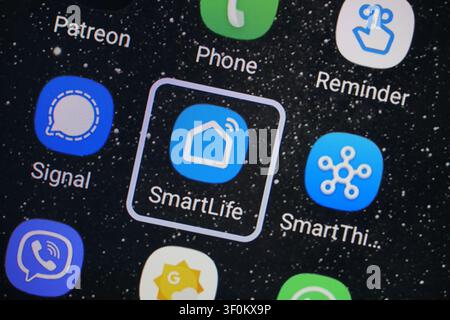 PLANO, TX, USA - JULY 06, 2026: Close-up view of a smartphone screen showing various app icons such as SmartLife, Signal, Patreon, and more. These app Stock Photo