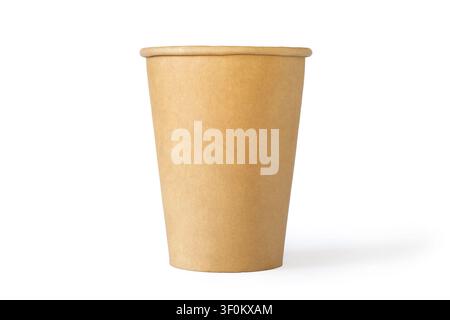 A simple cardboard coffee cup on a white background. A close-up of a brown cup. Stock Photo