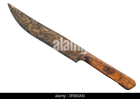 An old rusty knife isolated on a white background. A knife with a wooden handle. Stock Photo