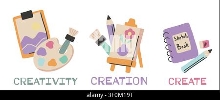 Back to art school. Vector set of art supplies and inscription in hand drawn style. Collection of composition of artist stuff. Illustration for poster Stock Vector