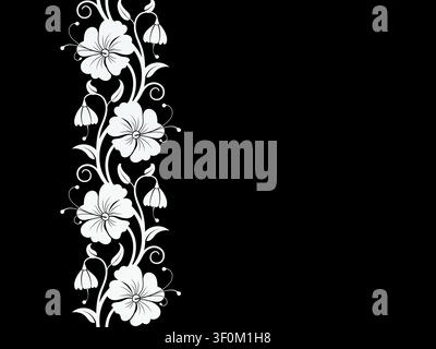 Seamless vertical floral border vector featuring elegant white hibiscus flowers, blooming buds, and curly vines on a dark charcoal black background. Stock Vector