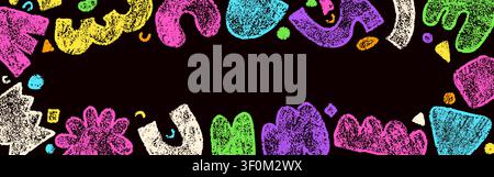Abstract border with dark background made of colorful crayon elements with grunge texture. Stock Vector