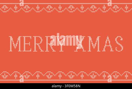 Cross stitch embroidery merry Christmas text banner. Pixelated needlework vintage greeting card background with festive geometric border. Folk Stock Vector