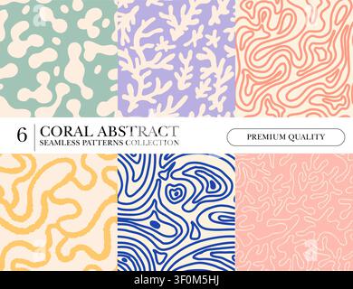 Collection of six seamless abstract coral inspired organic patterns with modern pastel backgrounds for textile wallpaper and surface design Stock Vector