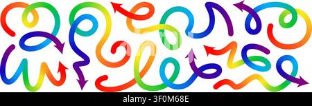 Abstract line shape color gradient arrows. 3d curve wave pattern, happy birthday fluid confetti. Liquid paint spiral swirl squiggle path, dynamic Stock Vector