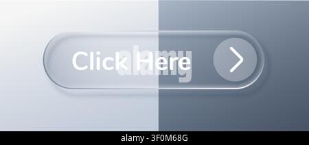 Button click here icon with glass ui for box liquid circle. Rectangle text effect with frame badge white for ux interface block. Cool light button Stock Vector