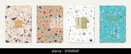 School notebook cover design. Terrazzo abstract background made of natural stones, granite, quartz and marble. Venetian terrazzo texture school notebo Stock Photo