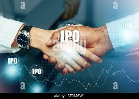 Investors shake hands after successful initial public offering IPO agreement in business meeting Stock Photo