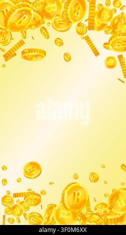 Bitcoin coins falling. Cryptocurrency scattered gold BTC coins. Internet currency. Jackpot wealth or success concept. Vector illustration. Stock Vector