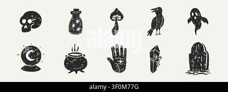 Halloween lino cut silhouette textured effect grunge linocut elements. Stamps and badges with spooky icons of ghosts, pumpkins, skulls, graves, poison bottles. . Vector illustration Stock Vector