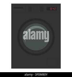 Black Washing Machine Vector Illustration Dark Front Load Washer with Red Digital Timer Display Flat Design Home Appliance Icon Stock Vector
