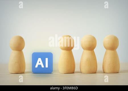 Wooden pawns with AI icon - Concept of AI replacing workers, automation and labor sostitution Stock Photo