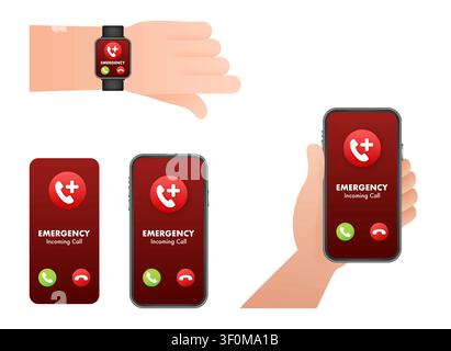 Emergency incoming call on smartphone and smartwatch Stock Vector