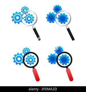 Magnifying glass analyzing gears for system optimization settings Stock Vector