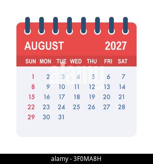 August 2027 calendar icon showing month, year, and days Stock Vector