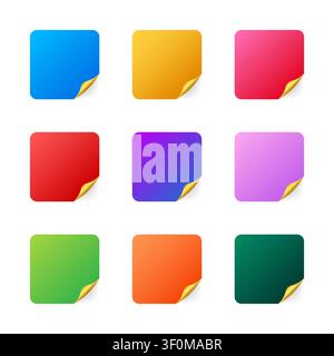 Colorful blank square stickers with curled gold corners Stock Vector