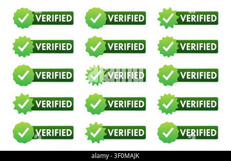 Verified badges with green checkmarks ensuring trust and approval Stock Vector