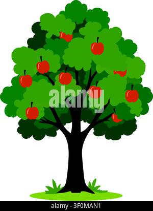 Green Apple Tree with Fresh Red Apples – Flat Vector Nature Illustration Isolated on White Stock Vector