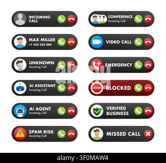 Digital communication incoming call notification user interface set Stock Vector