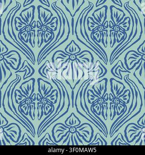 Monochrome green brush strokes inky flowers seamless pattern damask style Stock Vector