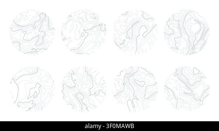 Set of topographic contour line maps in circles Stock Vector