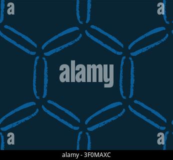 Hand drawn monochrome blue seamless pattern with chalky texture hexagon honeycombs. Organic geometric design with artisanal brush painted lines Stock Vector