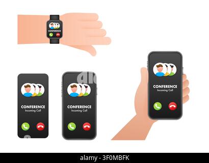People receiving conference call on smartphone and smartwatch Stock Vector