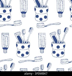 Toothbrush and Toothpaste Seamless Pattern. Blue Line Art Tooth Paste Tube and Brush in Polka Dot Holder on White Background. Dental Care Routine Hand Stock Vector