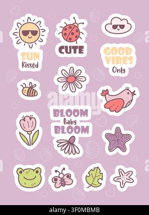 Cute Sticker Set, Hand Drawn Elements with Flowers, Ladybug, Bee, Sun, Hearts, Bird, Cloud, Frog, Starfish and Positive Quotes. Isolated Colored Doodl Stock Vector