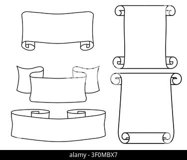 Scrolls and rolls of paper, black and white sketch. Vector illustration. A simple linear drawing of a papyrus or manuscript, isolated on a white backg Stock Vector