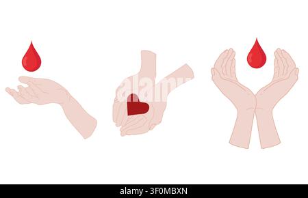 An open palm and a red drop of blood. Open palms giving the heart. Vector illustration. Drawing on the theme of donation, charity and blood transfusio Stock Vector