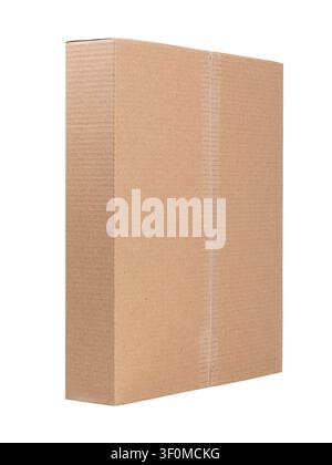 Narrow closed cardboard box made of corrugated cardboard isolated on white background Stock Photo