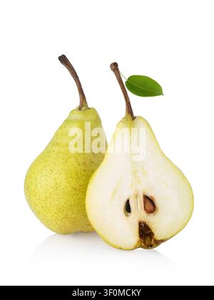 Two ripe green pears, one whole and one cut in half, with a green leaf isolated on white background Stock Photo